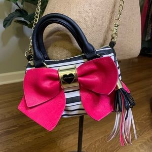 Betsey Johnson black and white striped hot pink bow Crossbody mini bag.
